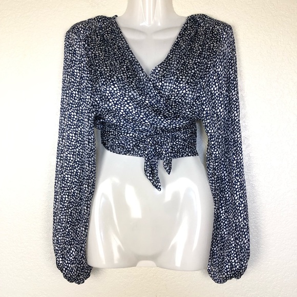 VICI Sheer Navy Polka Dot Metallic Thread Wrap Long Sleeve Blouse size Medium - Picture 3 of 12